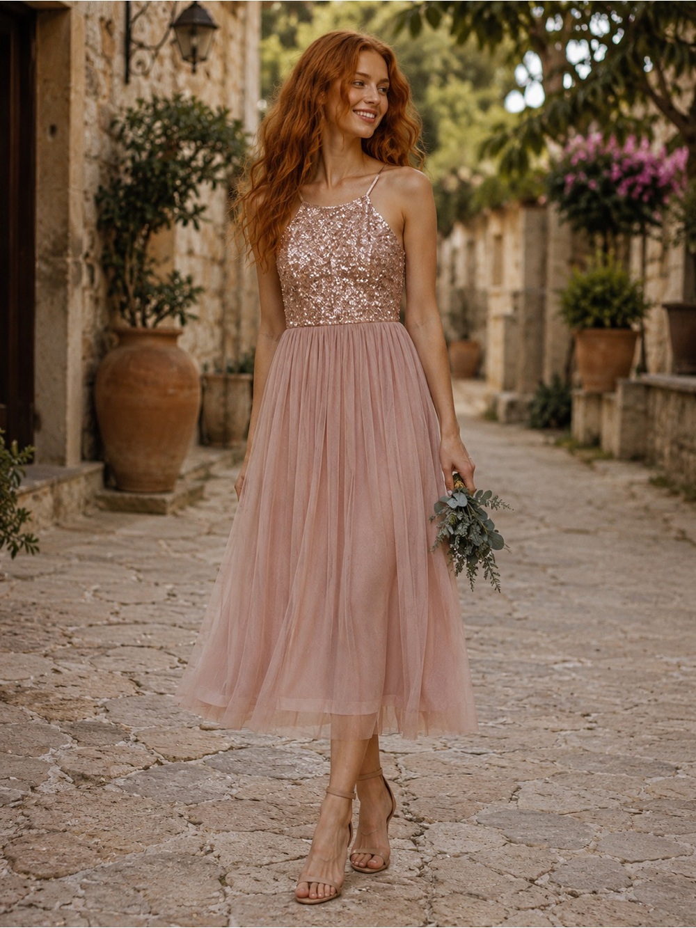 ASOS Blush Sequin Halter Midi Dress